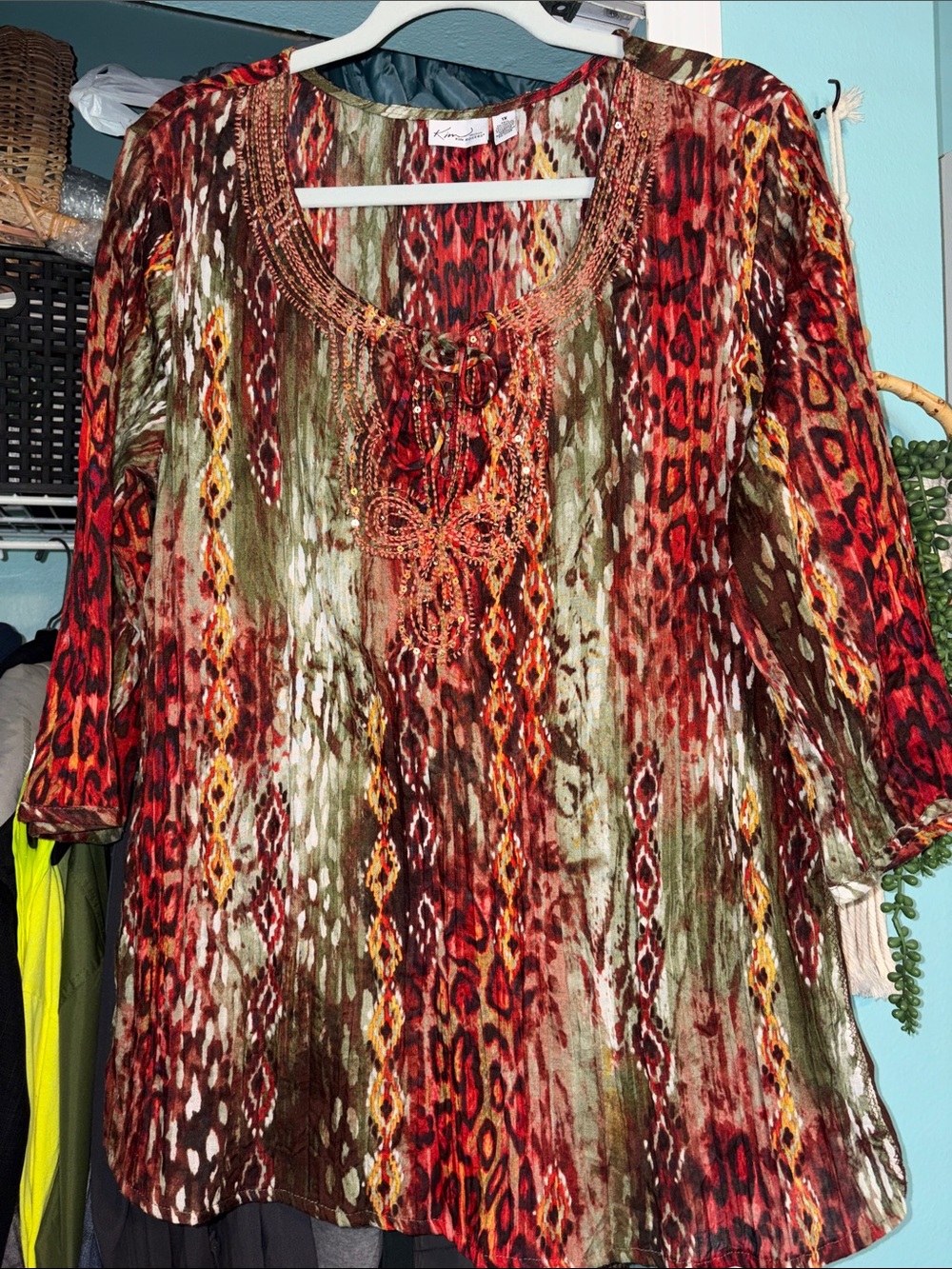 Kim Rogers Red & Olive Beaded Tie-Neck Tunic